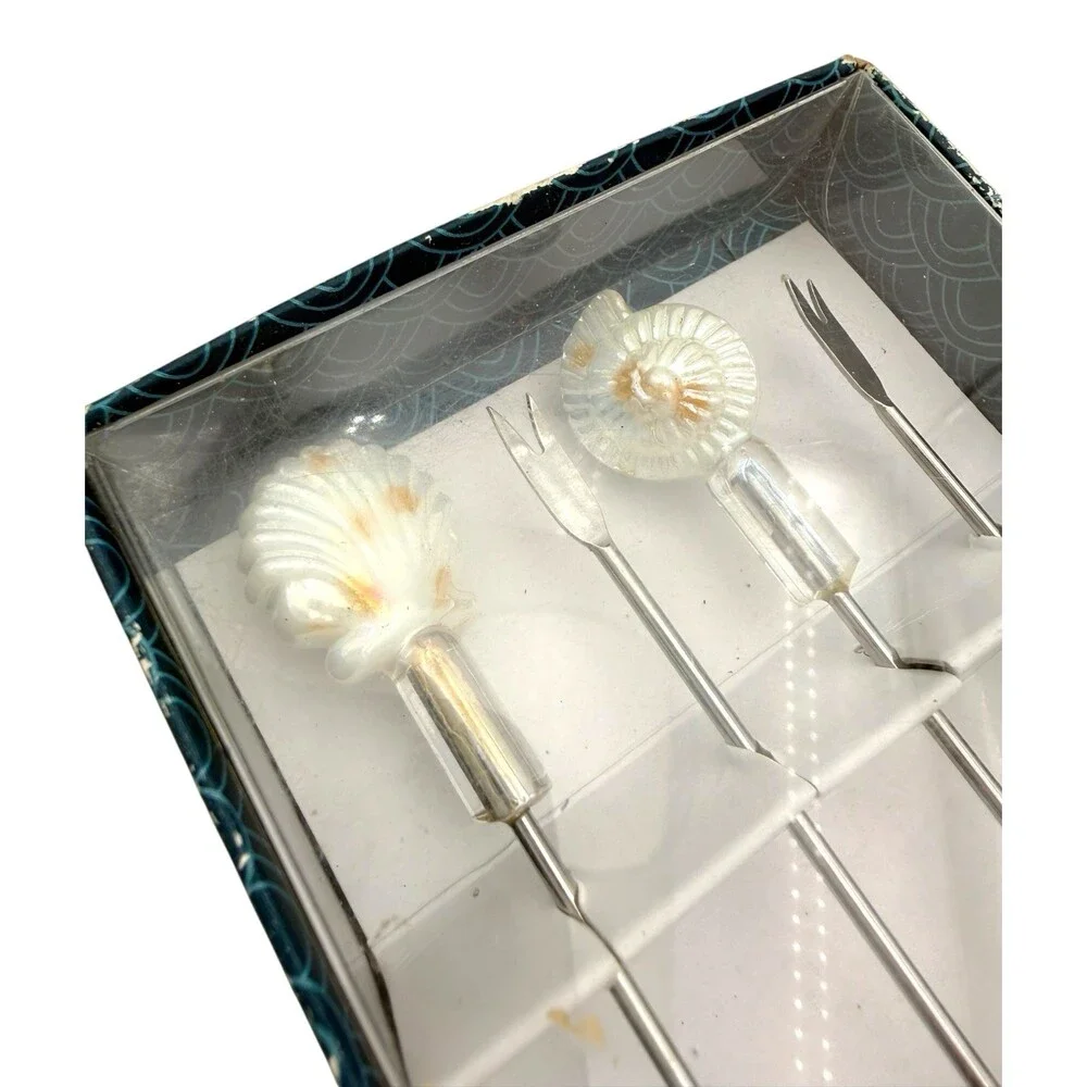 VTG 1980-90s Pier 1 imports Hors D’Oeuvre Pick Set 4PC Seashells White & Silver